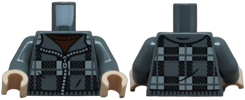 Torso Plaid Jacket with Black and Light Bluish Gray Squares and Silver Zipper over Dark Red Shirt Pattern / Dark Bluish Gray Arms / Light Nougat Hands