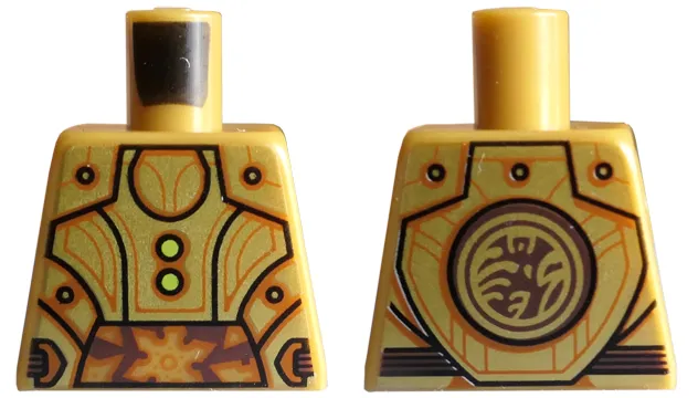 Torso Armor with Gold Plates, Black Outline, Lime Buttons and Dark Orange Highlights, Medium Brown Circle with Ninjago Logogram 'T OF S' on Back Pattern