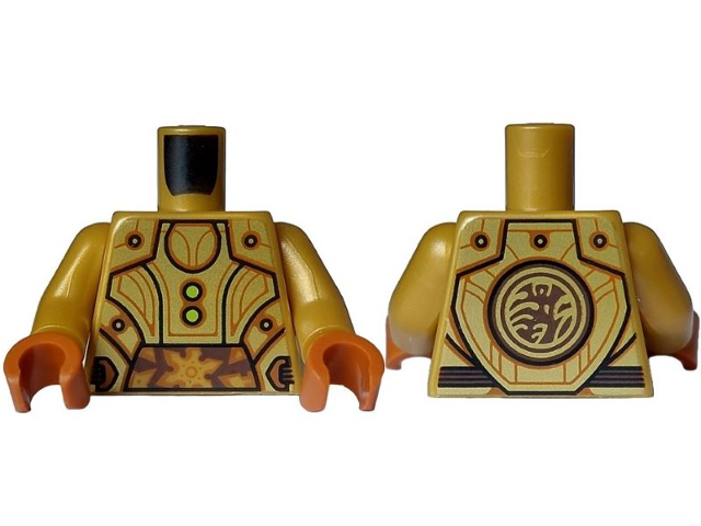 Torso Armor with Gold Plates, Black Outline, Lime Buttons and Dark Orange Highlights, Medium Brown Circle with Ninjago Logogram 'T OF S' on Back Pattern / Pearl Gold Arms / Dark Orange Hands
