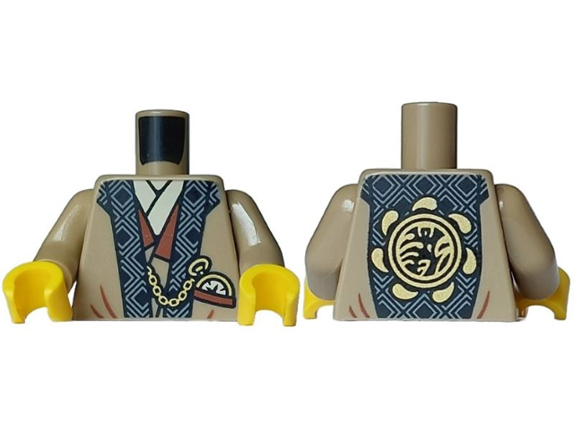 Torso Robe with Black and Light Bluish Gray Hems over Tan Shirt, Reddish Brown Pocket, Gold Watch, Black Circle with Ninjago Logogram 'T OF S' on Back Pattern / Dark Tan Arms / Yellow Hands