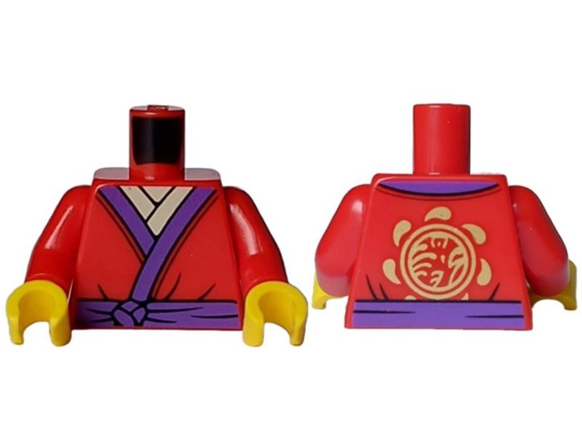 Torso Tunic with Dark Purple Hems and Belt, Black Trim, Tan Shirt, Gold Circle with Ninjago Logogram 'T OF S' on Back Pattern / Red Arms / Yellow Hands