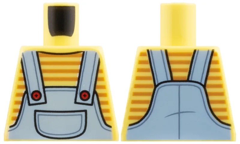 Torso Bright Light Blue Overalls with Pocket and Red Buttons over Shirt with Medium Nougat Stripes Pattern