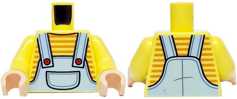 Torso Bright Light Blue Overalls with Pocket and Red Buttons over Shirt with Medium Nougat Stripes Pattern / Bright Light Yellow Arms / Light Nougat Hands