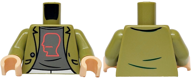 Torso Jacket Open with Pockets and Button over Dark Bluish Gray Shirt with Coral Head Outline Pattern / Olive Green Arms / Light Nougat Hands