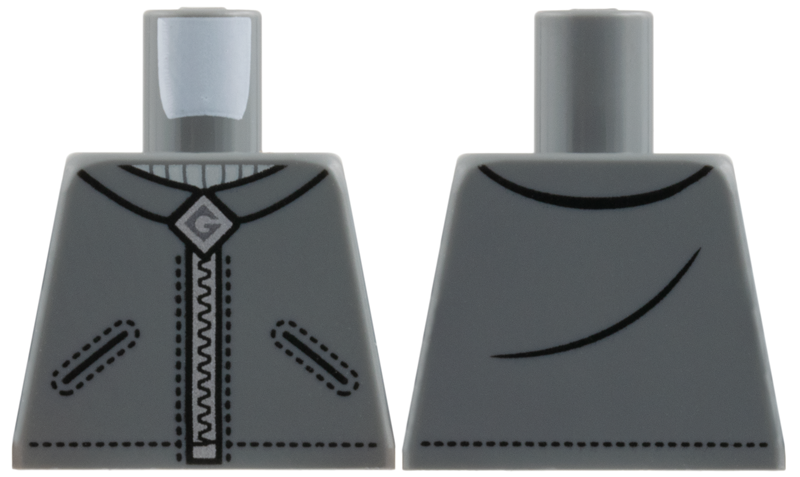 Torso Jacket with Black Pockets, Creases and Stitching, Light Bluish Gray Neck, Silver Zipper and Gru Logo Pattern