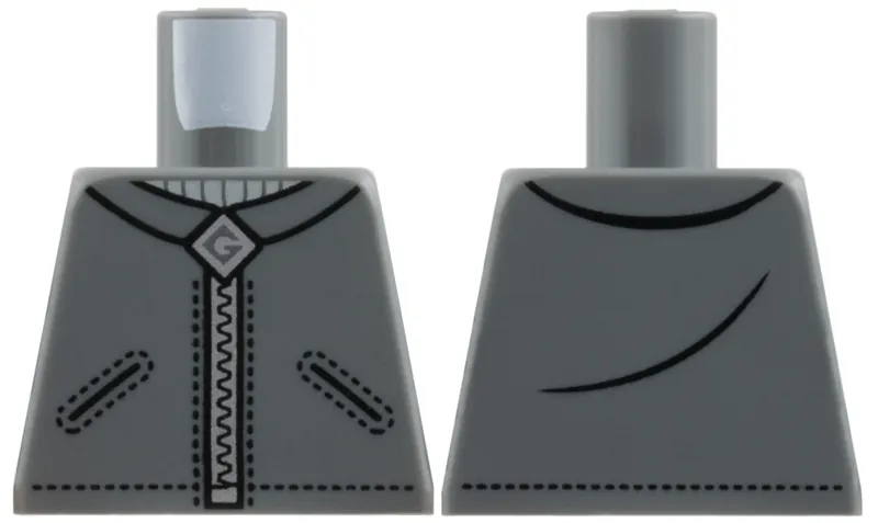 Torso Jacket with Black Pockets, Creases and Stitching, Light Bluish Gray Neck, Silver Zipper and Gru Logo Pattern