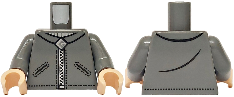 Torso Jacket with Black Pockets, Creases and Stitching, Light Bluish Gray Neck, Silver Zipper and Gru Logo Pattern / Dark Bluish Gray Arms / Light Nougat Hands