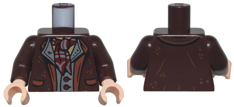 Torso Jacket with Reddish Brown Lapels and Pockets over Dark Bluish Gray Vest with Dark Red Buttons and Striped Scarf Pattern / Dark Brown Arms / Light Nougat Hands