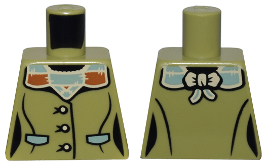 Torso Female Jacket, Sand Green, Tan, and Dark Orange Buttons, Pockets, and Collar with Bow Pattern