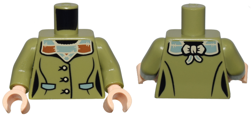 Torso Female Jacket, Sand Green, Tan, and Dark Orange Buttons, Pockets, and Collar with Bow Pattern / Olive Green Arms / Light Nougat Hands