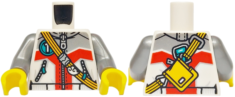 Torso Jacket with Pockets and Zippers, Silver and Red Panels, Bright Light Orange Strap and Pouch, Dark Turquoise Number 1 on Front and Back Pattern / Flat Silver Arms / Yellow Hands