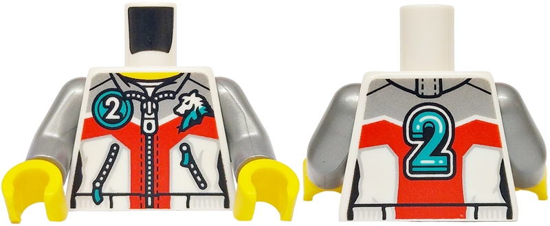 Torso Jacket with Pockets and Zippers, Silver and Red Panels, Dragon Head, Dark Turquoise Number 2 on Front and Back Pattern / Flat Silver Arms / Yellow Hands