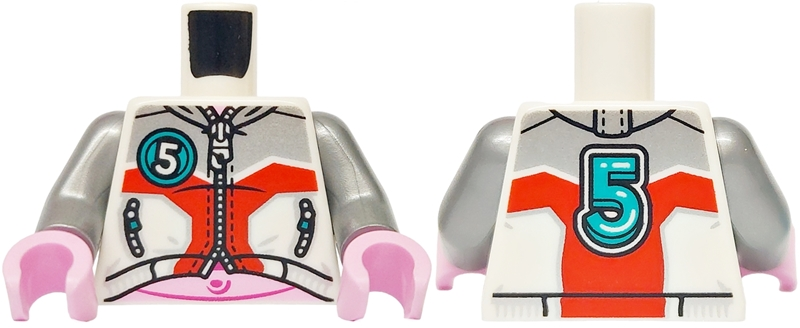 Torso Jacket with Pockets and Zippers, Silver and Red Panels, Bright Pink Stomach, Dark Turquoise Number 5 on Front and Back Pattern / Flat Silver Arms / Bright Pink Hands