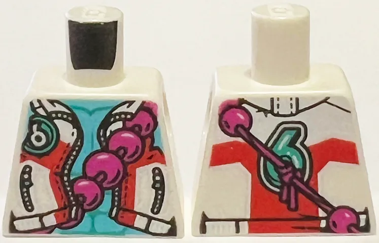 Torso Open Jacket with Pockets and Zippers, Silver and Red Panels, Medium Azure Chest with Muscles Outline, Magenta Beaded Necklace, Dark Turquoise Number 6 on Front and Back Pattern