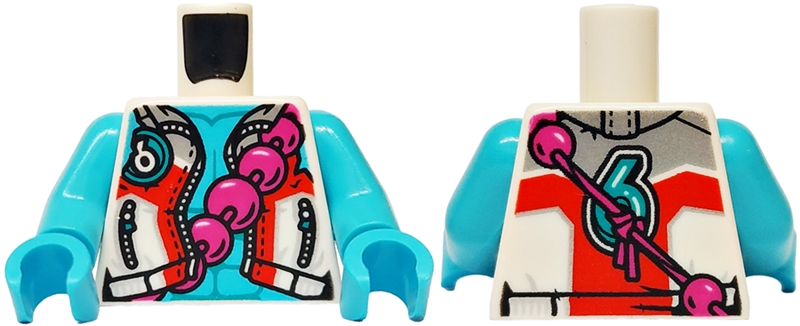 Torso Open Jacket with Pockets and Zippers, Silver and Red Panels, Medium Azure Chest with Muscles Outline, Magenta Beaded Necklace, Dark Turquoise Number 6 on Front and Back Pattern / Medium Azure Arms / Medium Azure Hands