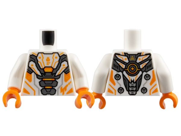 Torso Armor, Dark Bluish Gray Plates, Orange and Yellow Trim Pattern / White Arms / Orange Hands