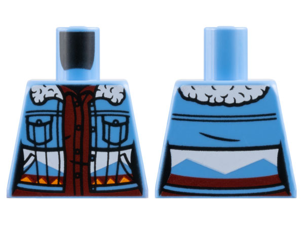 Torso Jacket with White Fur Collar, Black Pockets and Orange Traingles over Dark Red Shirt Pattern