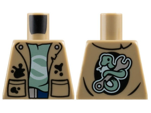 Torso Vest with Black Pockets and Splotches over Sand Green T-Shirt, Snake and Wrench on Back Pattern