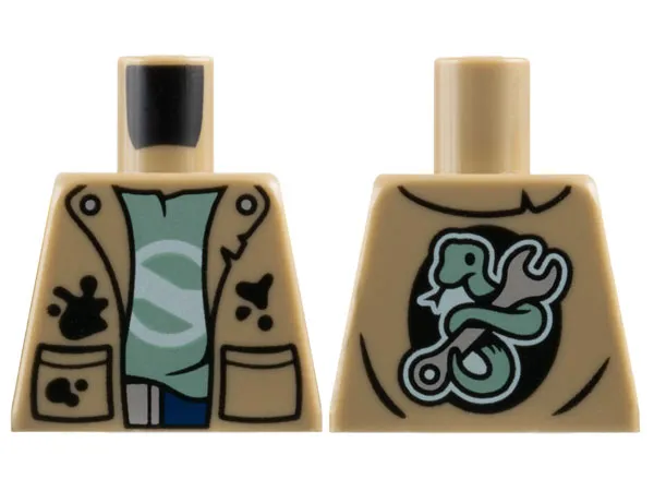 Torso Vest with Black Pockets and Splotches over Sand Green T-Shirt, Snake and Wrench on Back Pattern
