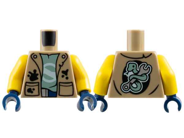 Torso Vest with Black Pockets and Splotches over Sand Green T-Shirt, Snake and Wrench on Back Pattern / Yellow Arms / Dark Blue Hands
