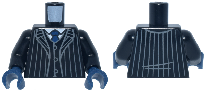 Torso Suit Jacket Open with Dark Bluish Gray Pinstripes over Vest with Buttons and White Shirt, Dark Blue Tie Pattern / Black Arms / Dark Blue Hands