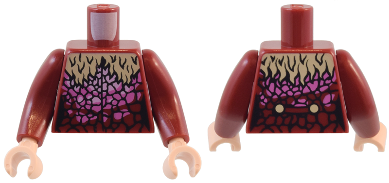 Torso Female Coat with Tan Shaggy Fur Collar and Bright Pink, Dark Pink, and Black Animal Scales / Cracks Pattern / Dark Red Arms Long / Light Nougat Hands