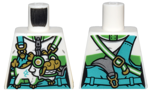 Torso Female Dark Turquoise Overalls and Belt over Jacket with Bright Green Stripe, Gold Buckles, Dragon Bag Pattern