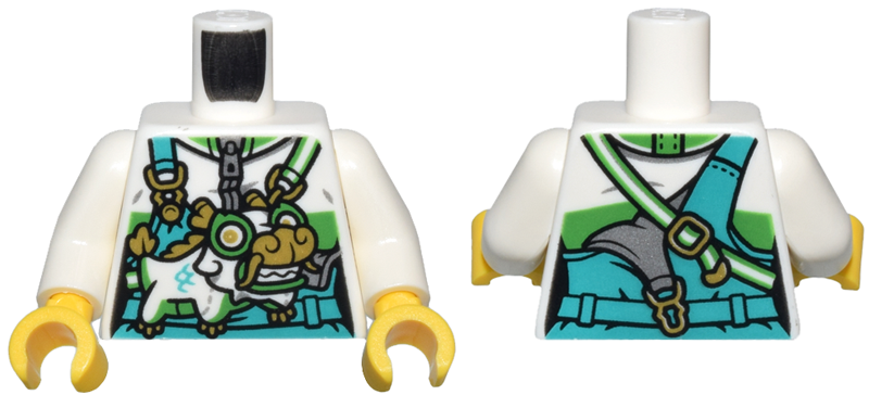 Torso Female Dark Turquoise Overalls and Belt over Jacket with Bright Green Stripe, Gold Buckles, Dragon Bag Pattern / White Arms / Yellow Hands