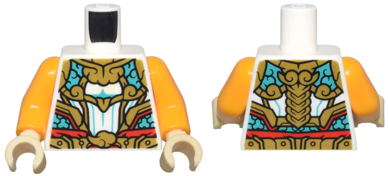 Torso Gold and Dark Turquoise Armor Plates and Clouds, Red Trim and Belt Pattern / Bright Light Orange Arms / Tan Hands
