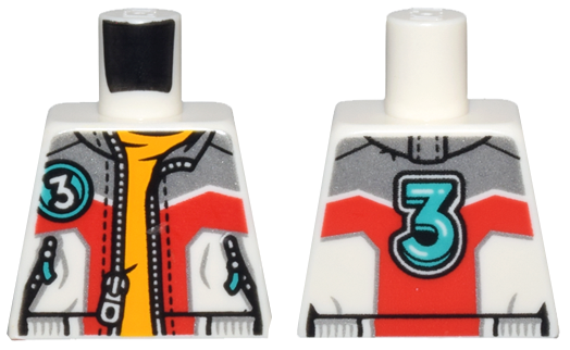 Torso Jacket with Pockets and Zippers, Silver and Red Panels, Open over Bright Light Orange Shirt, Dark Turquoise Number 3 on Front and Back Pattern