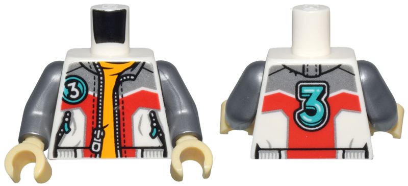 Torso Jacket with Pockets and Zippers, Silver and Red Panels, Open over Bright Light Orange Shirt, Dark Turquoise Number 3 on Front and Back Pattern / Flat Silver Arms / Tan Hands