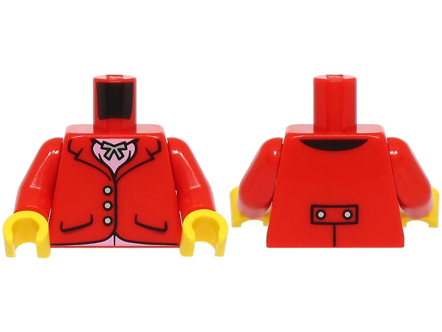 Torso Riding Jacket with Pockets and Silver Buttons, Pendant Necklace, Bright Pink Shirt Pattern (BAM) / Red Arms / Yellow Hands