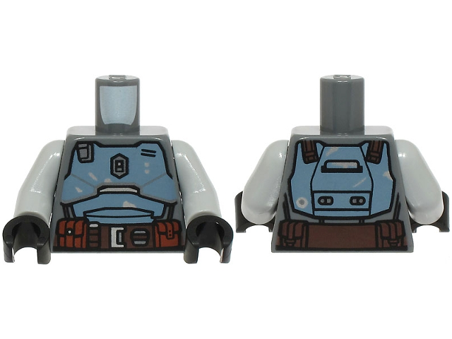 Torso SW Mandalorian Sand Blue Beskar Armor Plates, Dark Brown Belt with Pouches with Black and Silver Buttons Pattern / Light Bluish Gray Arms / Black Hands