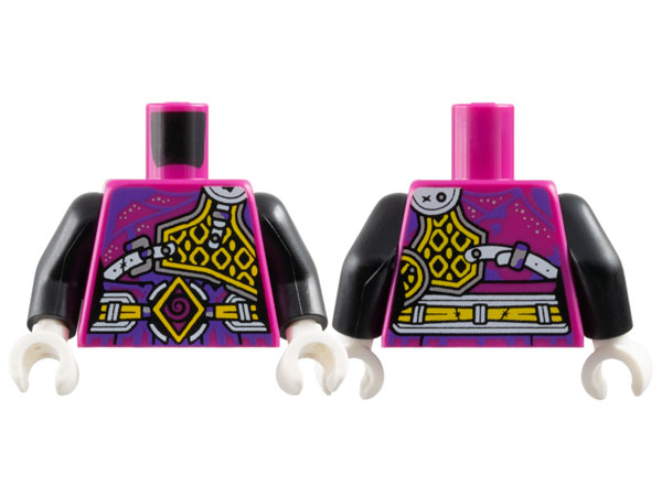 Torso Female Armor, Yellow Diamonds and Belt, Dark Purple Spiral and Trim, Silver Dots Pattern / Black Arms / White Hands