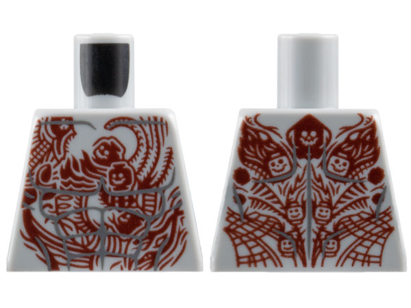 Torso with Dark Bluish Gray Muscles Outline, Dark Red Tattoos with Skeleton Heads Pattern