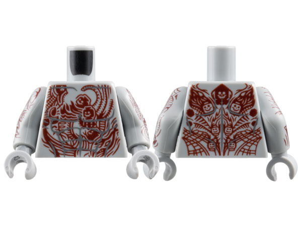 Torso with Dark Bluish Gray Muscles Outline, Dark Red Tattoos with Skeleton Heads Pattern / Light Bluish Gray Arms with Dark Red Tattoo Sleeves with Skeleton Heads Pattern / Light Bluish Gray Hands