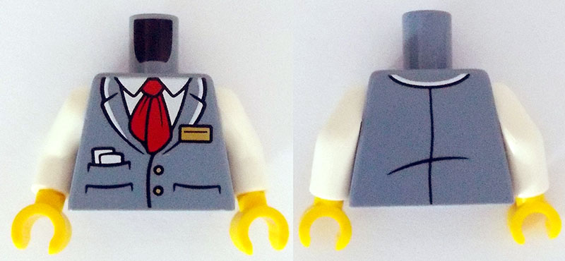 Torso Vest with Buttons and Pockets over White Shirt, Red Tie, Gold Name Badge, Papers Pattern / White Arms / Yellow Hands