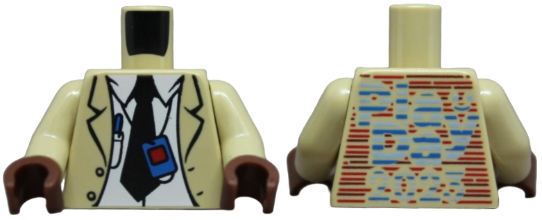 Torso Trench Coat over White Shirt, Black Tie, Decoder Badge and Pen, Play Day 2023 Logo and Lines on Back Pattern / Tan Arms / Reddish Brown Hands