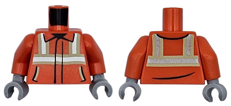 Torso Safety Jacket with Bright Light Yellow and Silver Reflective Stripes and Black Trim and Pockets Pattern / Reddish Orange Arms / Light Bluish Gray Hands