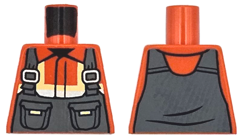 Torso Dark Bluish Gray Overalls with Pockets over Safety Jacket with Bright Light Yellow and Silver Reflective Stripes Pattern