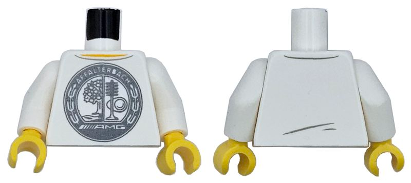 Torso Racing Shirt with Dark Bluish Gray Circle with Apple Tree, Stream, Cam, Valve and Spring, 'AFFALTERBACH' and AMG Logo, Yellow Neck Pattern / White Arms / Yellow Hands