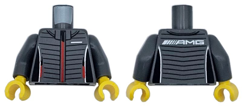 Torso Racing Jacket with Black Trim and Stripes, Red Zipper and Pockets, and White AMG Logo on Back Pattern / Dark Bluish Gray Arms / Yellow Hands