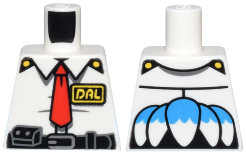 Torso Uniform Shirt, Red Tie, Black and Dark Bluish Gray Belt with Pouch, Silver Buckle, Yellow 'DAL' ID Badge, and Tail Feathers with Dark Azure Top on Back Pattern