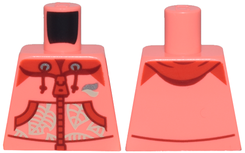 Torso Hoodie with Red Pockets, Zipper, and Hood, Dark Red String Ends, Light Bluish Gray and Silver Waves and Leaves Pattern