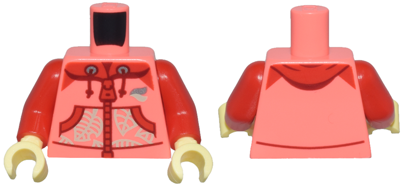 Torso Hoodie with Red Pockets, Zipper, and Hood, Dark Red String Ends, Light Bluish Gray and Silver Waves and Leaves Pattern / Red Arms / Bright Light Yellow Hands