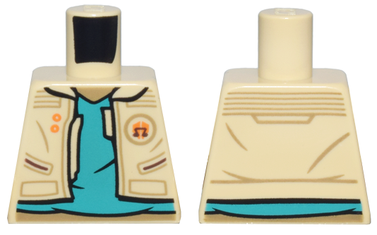 Torso Jacket Open, Pockets, Orange Buttons and Badge over Dark Turquoise Shirt, Medium Nougat Neck Pattern