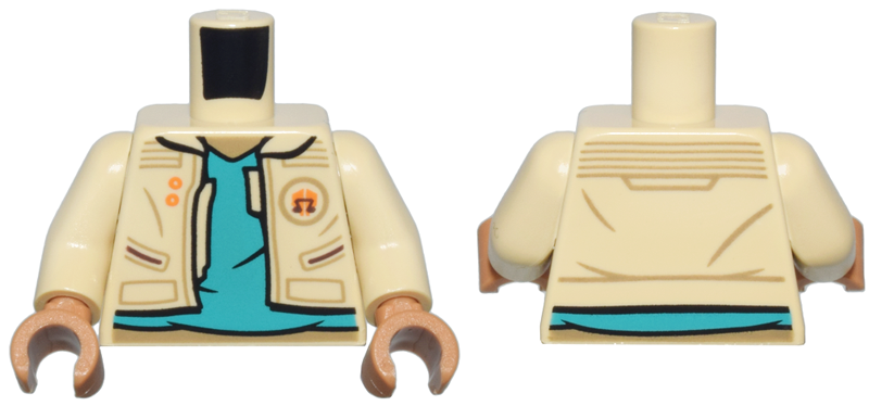 Torso Jacket Open, Pockets, Orange Buttons and Badge over Dark Turquoise Shirt, Medium Nougat Neck Pattern / Tan Arms / Medium Nougat Hands