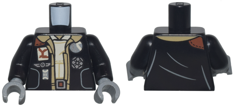 Torso Jacket with Buttons and Badges over Dark Tan Open Shirt and Tan Shirt Pattern / Black Arms / Dark Bluish Gray Hands