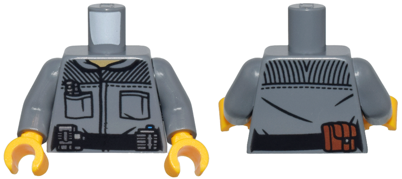 Torso Jacket, Black Pockets, Striped Panels, and Belt with Silver and Reddish Brown Pouches Pattern / Dark Bluish Gray Arms / Bright Light Orange Hands