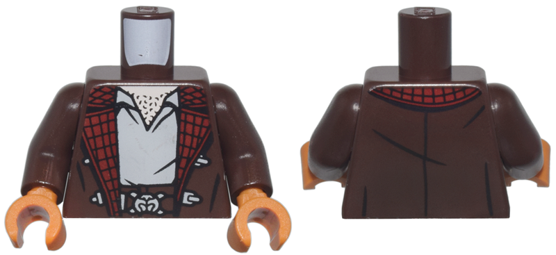 Torso Jacket with Clasps and Dark Red Plaid Lining over Light Bluish Gray Shirt, Light Nougat Neck with Chest Hair, Belt with Buckle Pattern / Dark Brown Arms / Dark Orange Hands